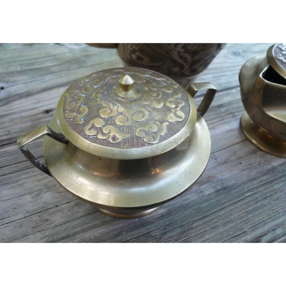 Vintage Oriental Brass 3 Piece Dragon Tea Set Teapot Creamer Sugar Bowl